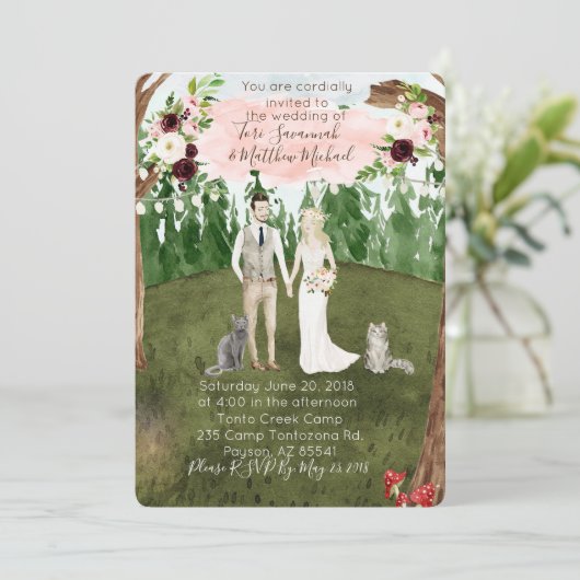Einladung zur Waldhochzeit - mit Katzen (Stehend Vorderseite)