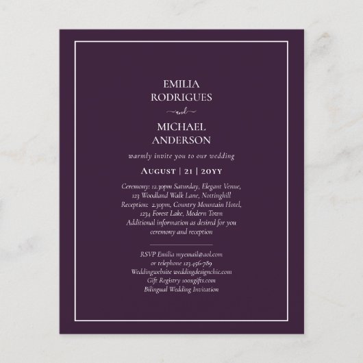 Einladungen für Boda Economicas Bilingue Ciruela Flyer (Vorne)