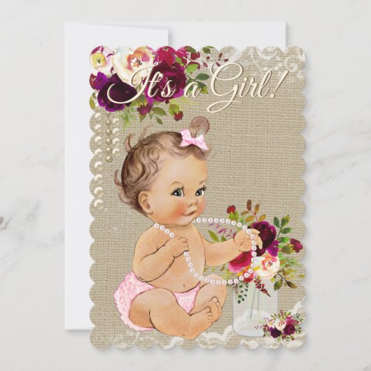 Einladungen für Burlap Mason Jar Baby Girl (Vorderseite)