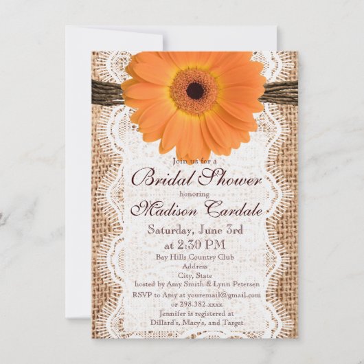 Einladungen für Burlap Orange Daisy Bridal (Vorderseite)