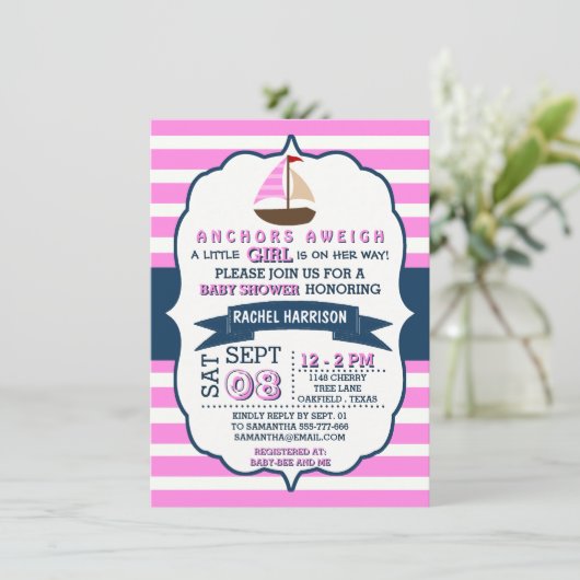 Einladungen für das Baby-Kinderboot von Mädchen (Stehend Vorderseite)