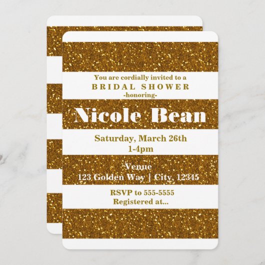 Einladungen für den Gold Glitzer & White Stripes G (Vorne/Hinten)