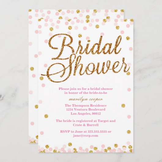 Einladungen für die Dusche in Rosa und Gold Glitze (Vorne/Hinten)