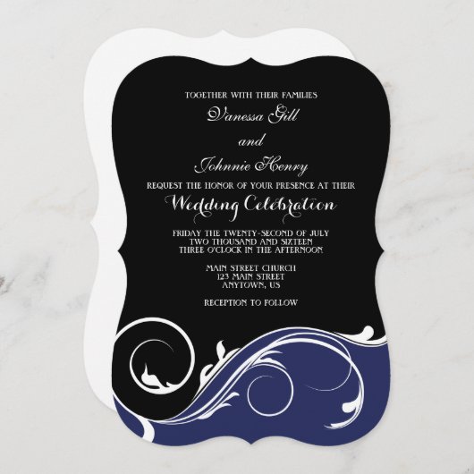 Einladungen für Hochzeiten in Navy Blue Black Swir (Vorne/Hinten)