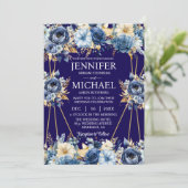 Einladungen für Hochzeiten in Navy Blue und Gold (Stehend Vorderseite)