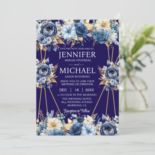 Einladungen für Hochzeiten in Navy Blue und Gold (Stehend Vorderseite)