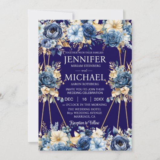 Einladungen für Hochzeiten in Navy Blue und Gold (Vorderseite)