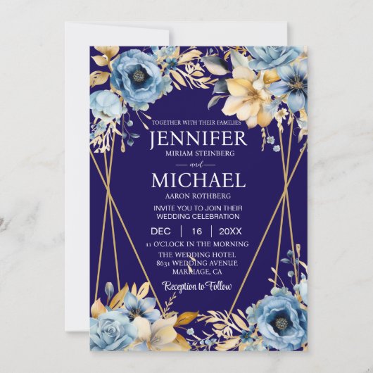 Einladungen für Hochzeiten in Navy Blue und Gold (Vorderseite)