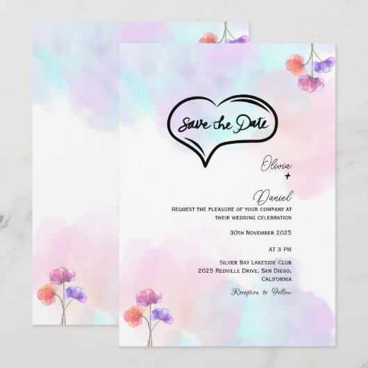 Einladungen für Hochzeiten in Rosa und Blau (Vorne/Hinten)