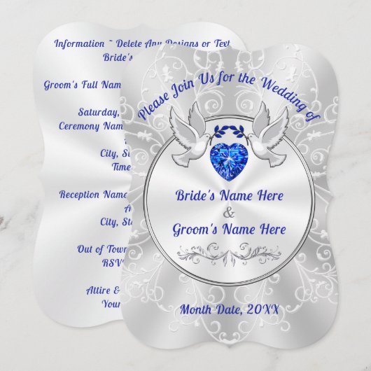 Einladungen für Hochzeiten mit Liebesvögeln, blaue (Vorne/Hinten)