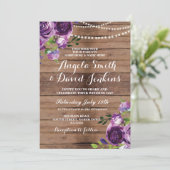Einladungen für Hochzeiten Rustikales Holz Lila Bl (Stehend Vorderseite)