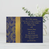 Einladungen für Hochzeiten von Navy Blue und Gold (Stehend Vorderseite)
