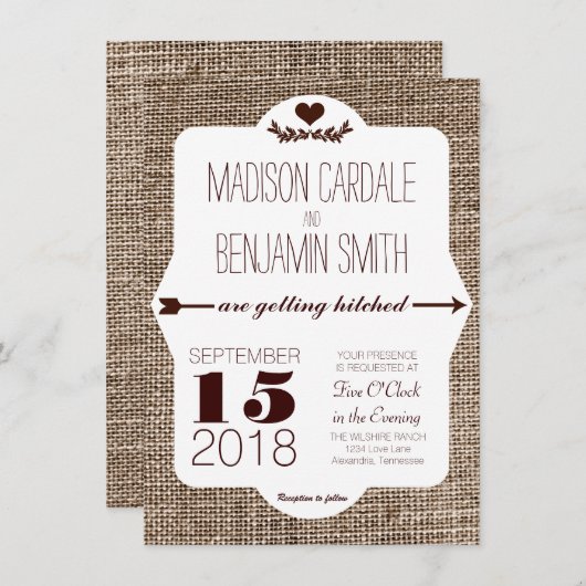 Einladungen für Hochzeitsfeiern mit Hitched Burlap (Vorne/Hinten)
