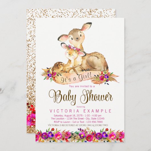 Einladungen für Mädchen Hirschbaby (Vorne/Hinten)