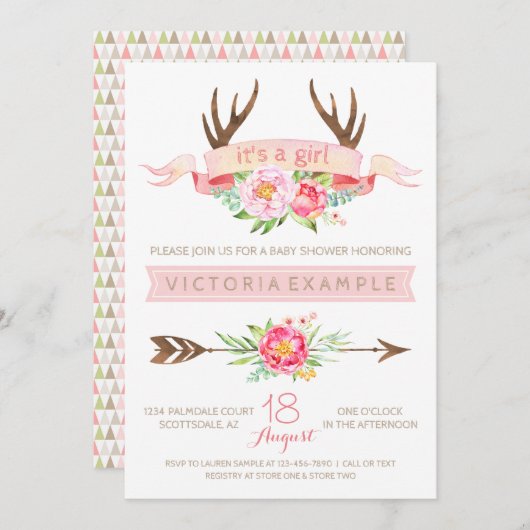 Einladungen für Mädchen im Tribal Antler Baby Show (Vorne/Hinten)