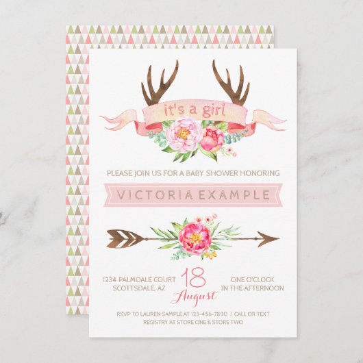 Einladungen für Mädchen im Tribal Antler Floral Ba (Vorne/Hinten)