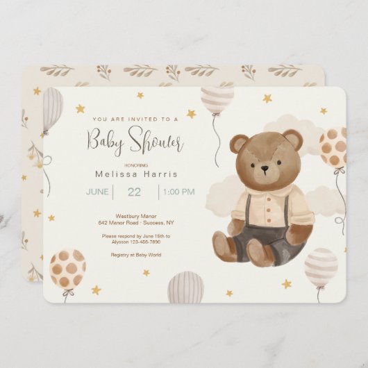 Einladungen für Teddy Bear Baby Shower (Vorne/Hinten)