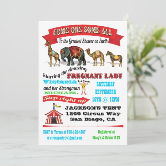 Einladungen für Vintage Zirkustiere Kinderdusche (Stehend Vorderseite)