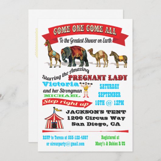 Einladungen für Vintage Zirkustiere Kinderdusche (Vorne/Hinten)