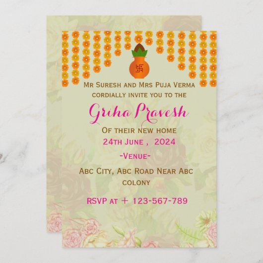 Einladungen von Grihapravesh (Vorne/Hinten)