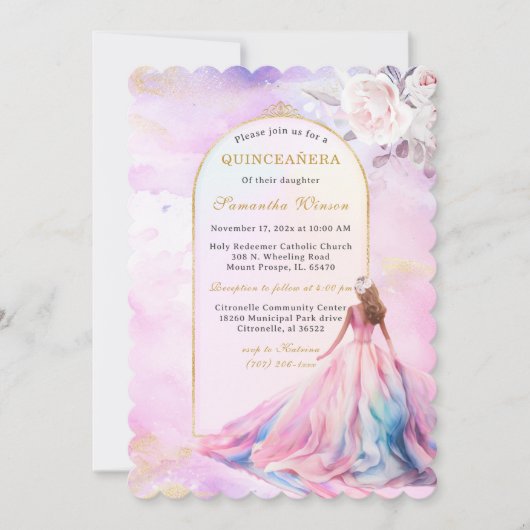 Einladungen von Quinceanera Rosa und Gold (Vorderseite)