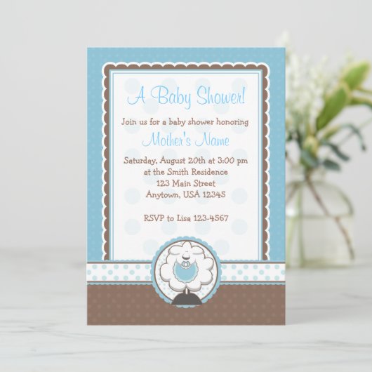 Einladungen zu Boy Sheep Blue & Brown Baby Shower (Stehend Vorderseite)