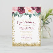 Einladungen zu Burgundy Gold Floral Quinceanera (Stehend Vorderseite)