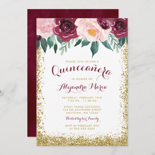 Einladungen zu Burgundy Gold Floral Quinceanera (Vorne/Hinten)