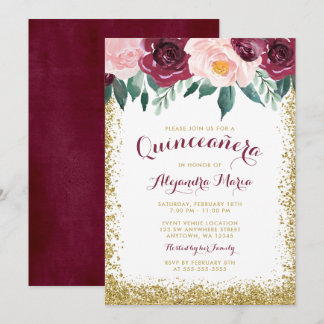 Einladungen zu Burgundy Gold Floral Quinceanera