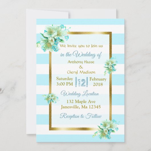 Einladungen zu Hochzeiten in Blau und Gold (Vorderseite)