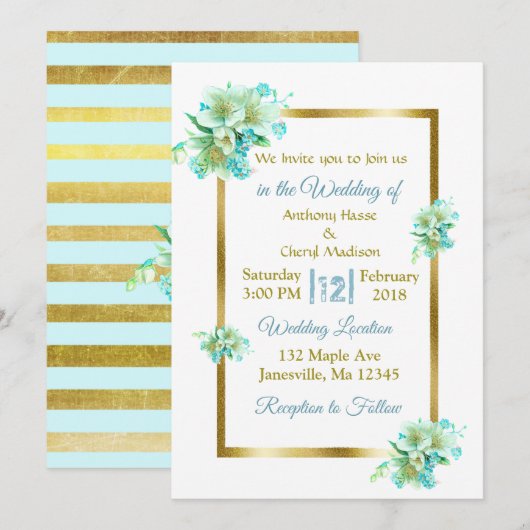 Einladungen zu Hochzeiten in Blau und Gold (Vorne/Hinten)