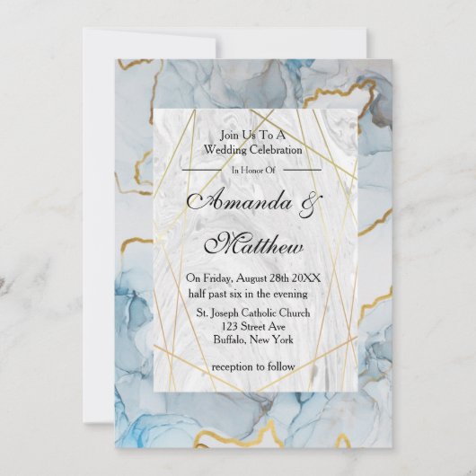 Einladungen zu Hochzeiten in Dusty Blue und Gold M (Vorderseite)
