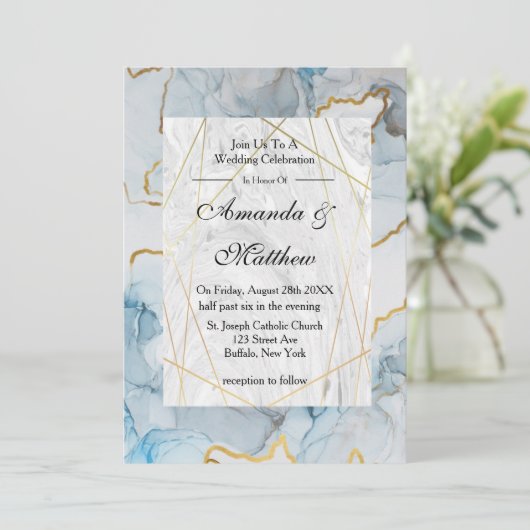 Einladungen zu Hochzeiten in Dusty Blue und Gold M (Stehend Vorderseite)
