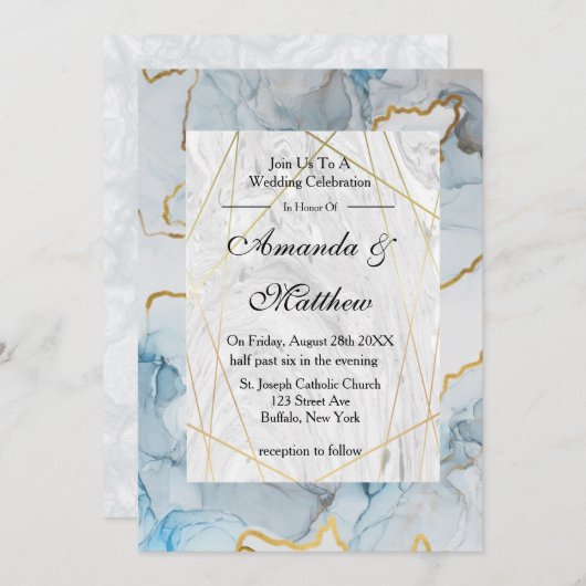 Einladungen zu Hochzeiten in Dusty Blue und Gold M (Vorne/Hinten)