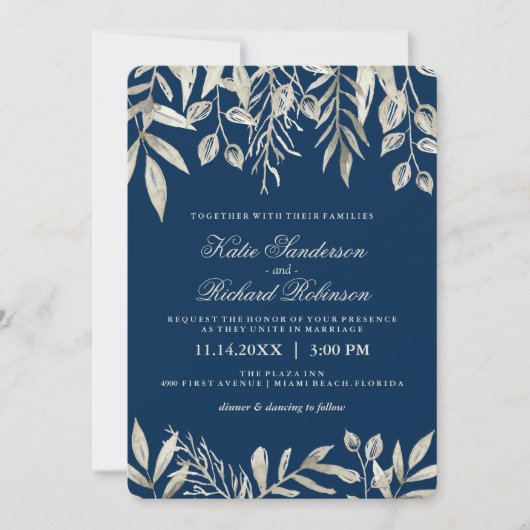 Einladungen zu Hochzeiten in Silver und Navy Blue (Vorderseite)