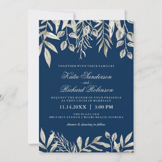 Einladungen zu Hochzeiten in Silver und Navy Blue (Vorderseite)