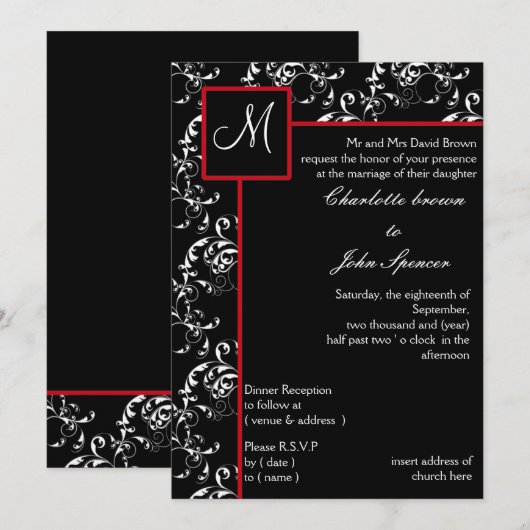 Einladungen zu Hochzeiten von Red Black Damask (Vorne/Hinten)