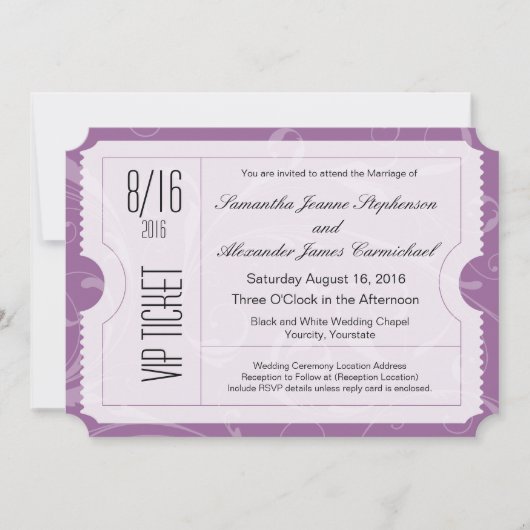Einladungen zu lila VIP-Hochzeitstickets (Vorderseite)