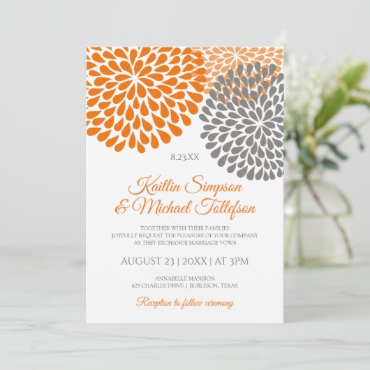 Einladungen zu Orange & Gray Hochzeiten | Floral & (Stehend Vorderseite)