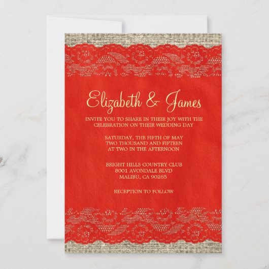 Einladungen zu Red & Gold Rustic Lace Wedding (Vorderseite)
