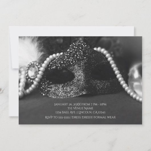 Einladungen zu Schwarz-Weiß-Maskenmasken und Perle (Rückseite)