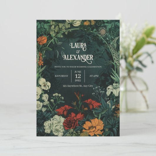 Einladungen zu Vintagen dunklen Blumenhochzeiten (Stehend Vorderseite)