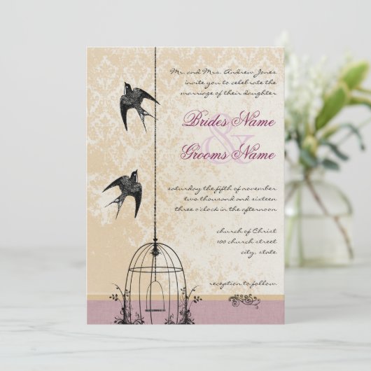 Einladungen zu Whimsical Vintag Bird Cage Wedding (Stehend Vorderseite)