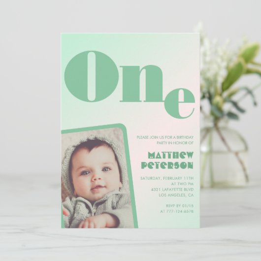 Einladungen zum 1. Geburtstag Boy Green Gradient F (Stehend Vorderseite)