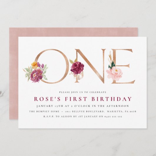 Einladungen zum 1. Geburtstag | Rose (Vorne/Hinten)