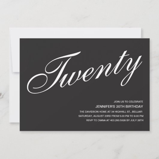 Einladungen zum 20. Geburtstag in Schwarz und Weiß (Vorderseite)
