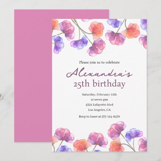 Einladungen zum 25. Geburtstag Boho Floral Chic (Vorne/Hinten)
