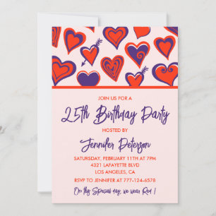 Einladungen zum 25. Geburtstag Glam Cute Red Heart