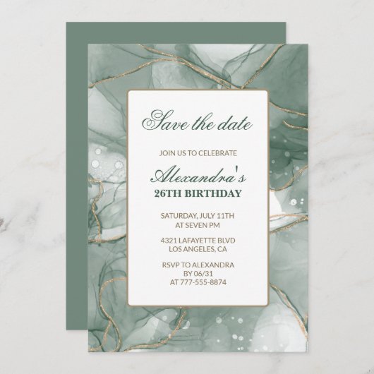 Einladungen zum 26. Geburtstag Save the Date Green (Vorne/Hinten)