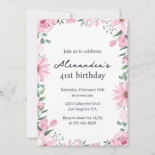Einladungen zum 41. Geburtstag mit rosa Blumenrahm